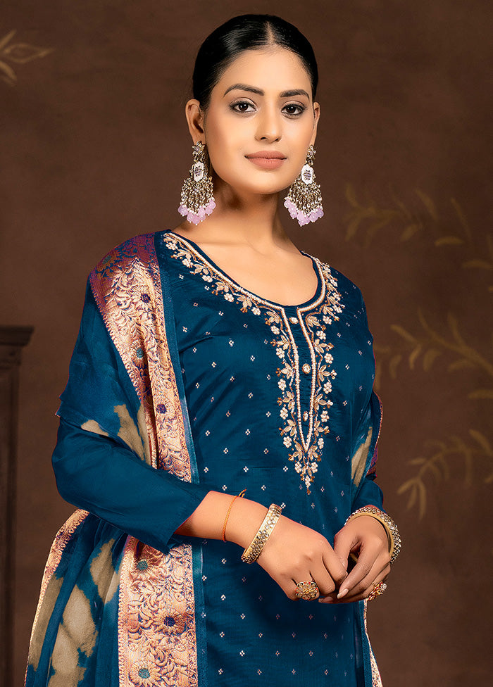 3 Pc Blue Semi Stitched Silk Suit Set - Indian Silk House Agencies