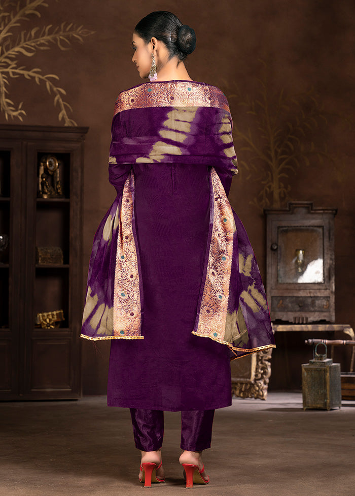 3 Pc Purple Semi Stitched Silk Suit Set