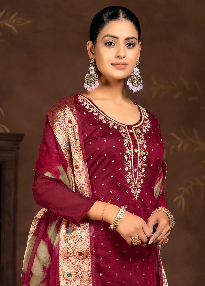 3 Pc Maroon Semi Stitched Silk Suit Set - Indian Silk House Agencies