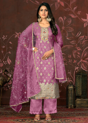 3 Pc Purple Semi Stitched Net Suit Set - Indian Silk House Agencies