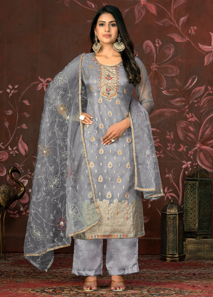 3 Pc Grey Semi Stitched Net Suit Set - Indian Silk House Agencies
