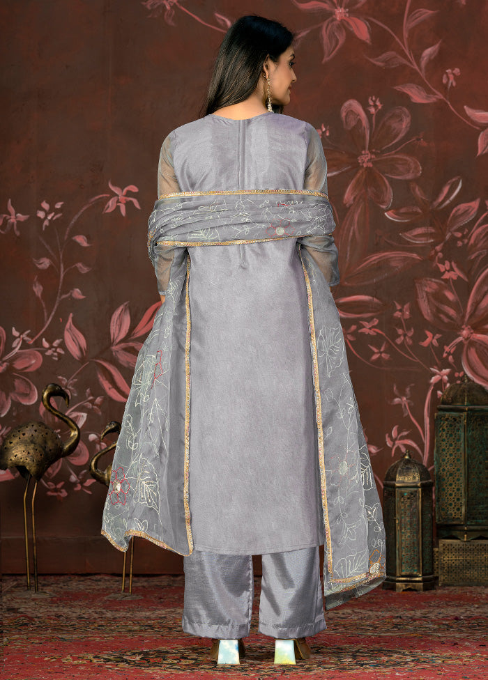 3 Pc Grey Semi Stitched Net Suit Set - Indian Silk House Agencies