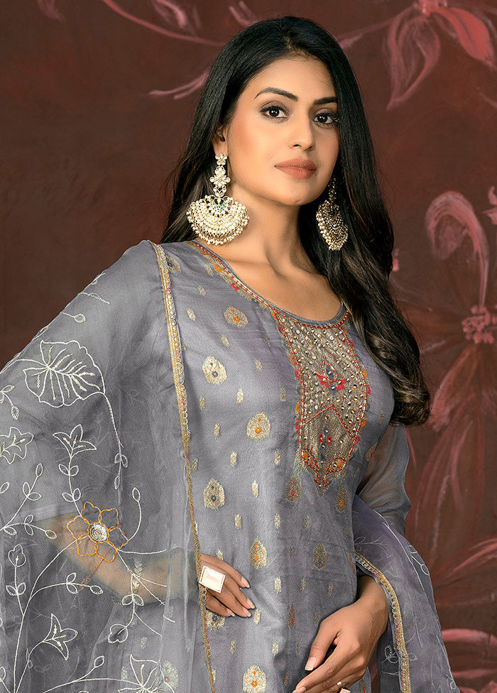 3 Pc Grey Semi Stitched Net Suit Set - Indian Silk House Agencies