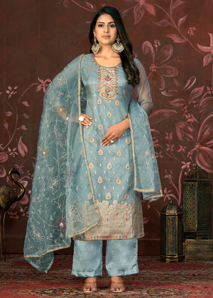 3 Pc Blue Semi Stitched Net Suit Set - Indian Silk House Agencies