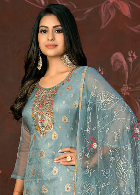 3 Pc Blue Semi Stitched Net Suit Set - Indian Silk House Agencies