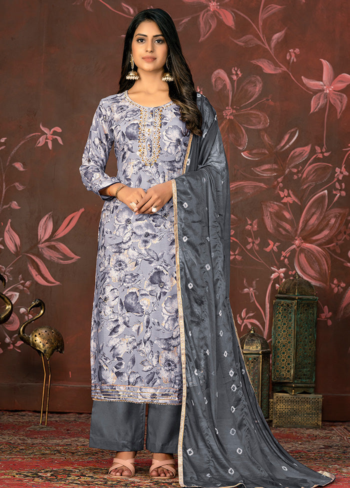 3 Pc Grey Semi Stitched Cotton Suit Set - Indian Silk House Agencies