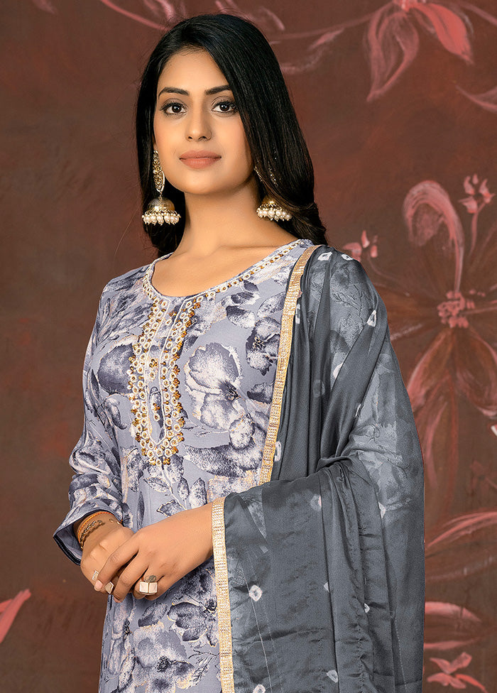 3 Pc Grey Semi Stitched Cotton Suit Set - Indian Silk House Agencies