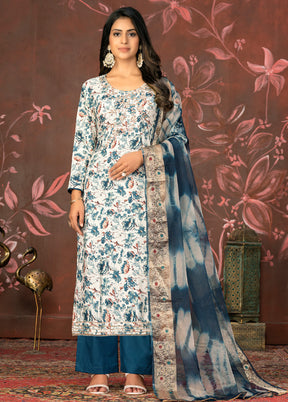 3 Pc Blue Semi Stitched Cotton Suit Set - Indian Silk House Agencies