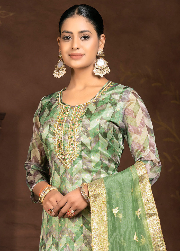 3 Pc Green Semi Stitched Net Suit Set