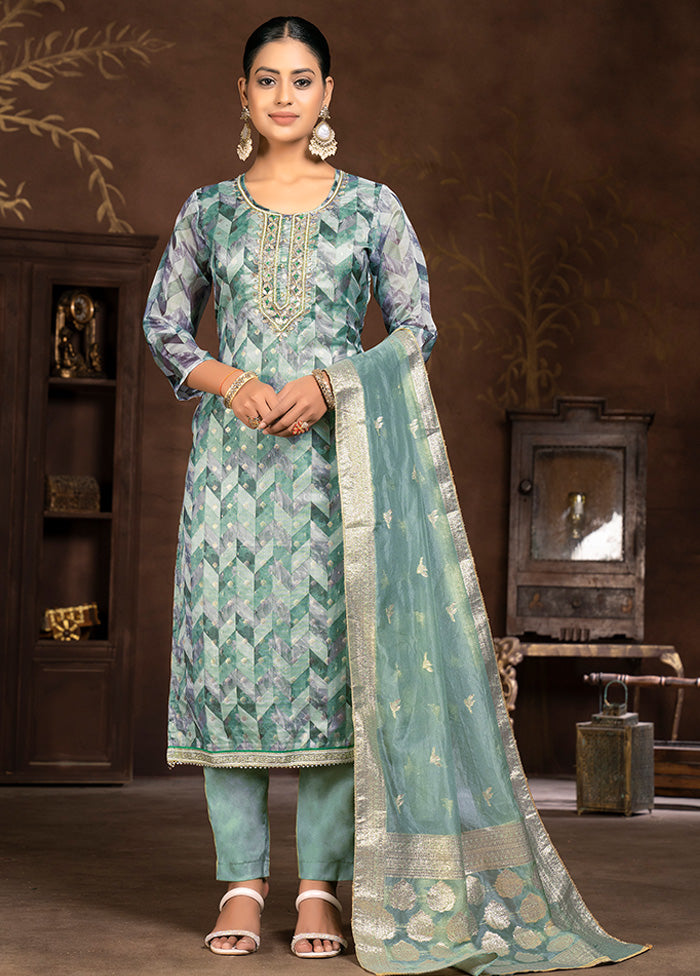 3 Pc Blue Semi Stitched Net Suit Set