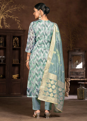 3 Pc Blue Semi Stitched Net Suit Set - Indian Silk House Agencies