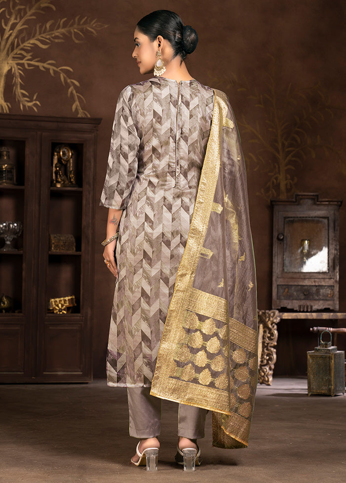 3 Pc Brown Semi Stitched Net Suit Set - Indian Silk House Agencies