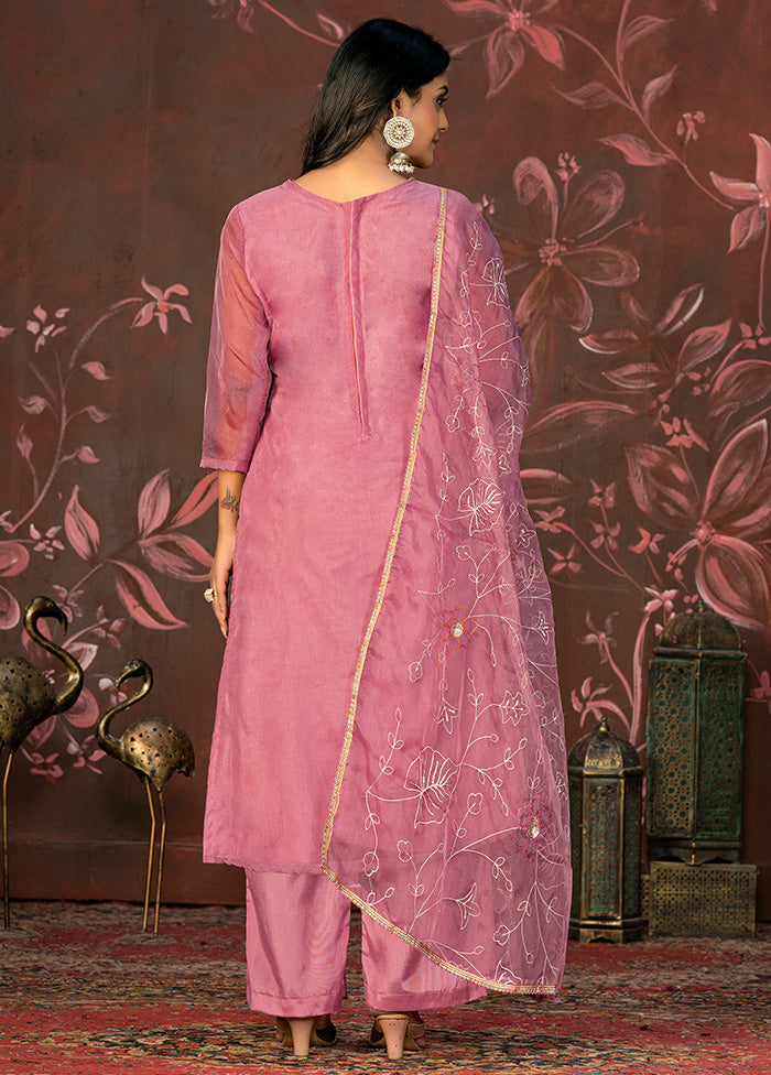 3 Pc Pink Semi Stitched Net Suit Set
