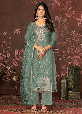 3 Pc Green Semi Stitched Net Suit Set - Indian Silk House Agencies