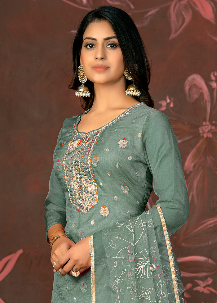 3 Pc Green Semi Stitched Net Suit Set - Indian Silk House Agencies