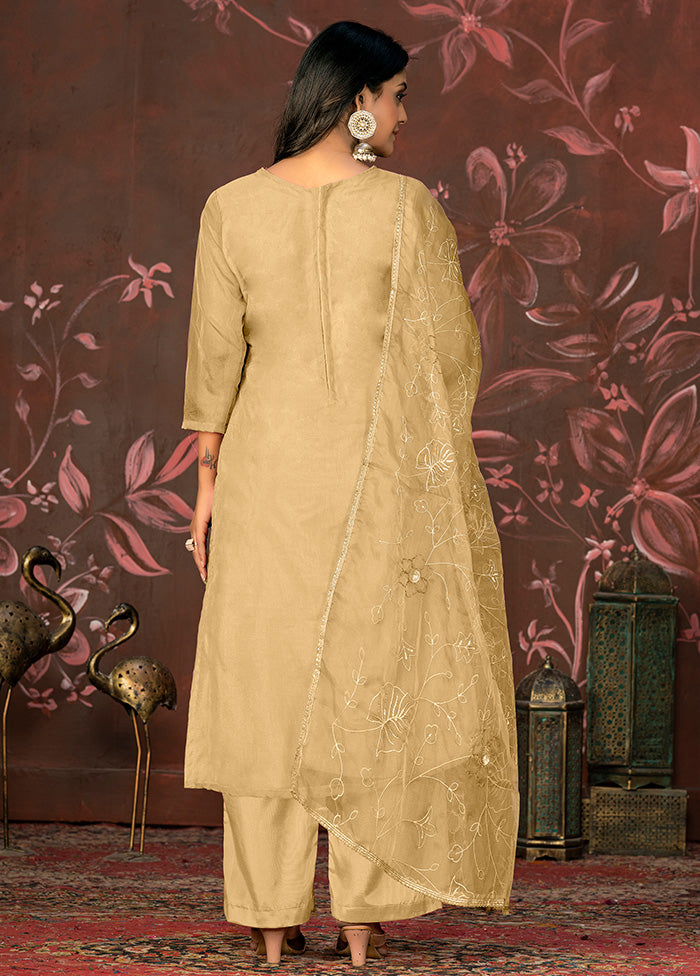 3 Pc Beige Semi Stitched Net Suit Set - Indian Silk House Agencies