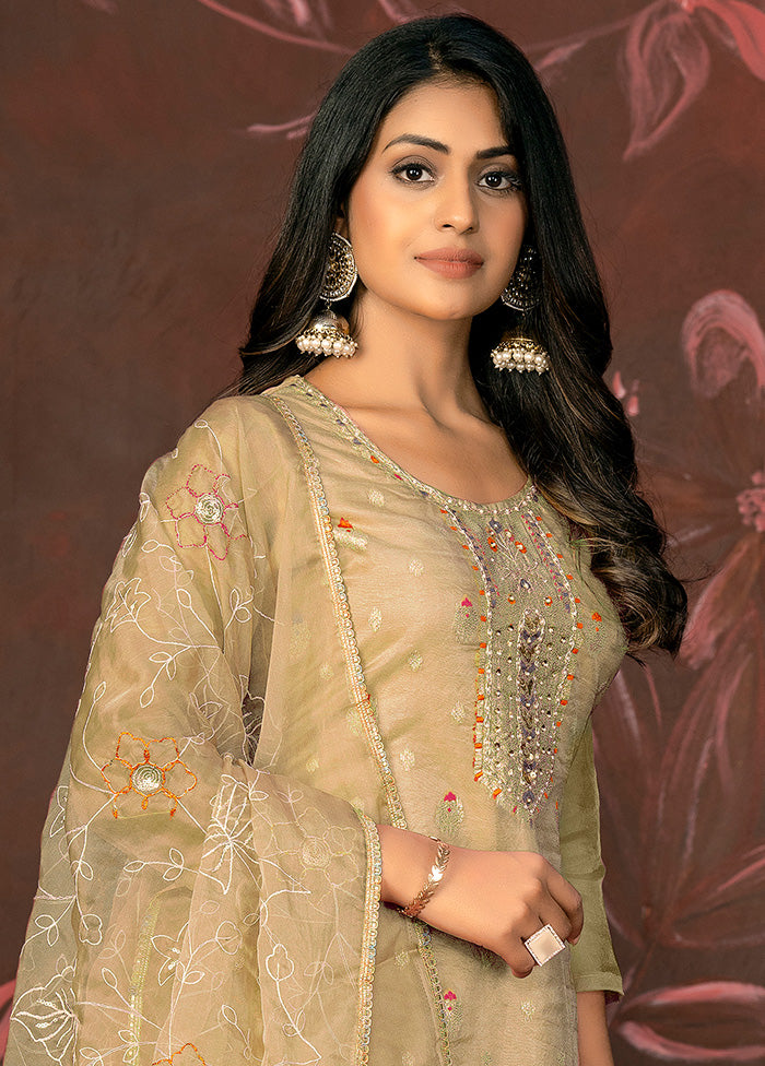 3 Pc Beige Semi Stitched Net Suit Set - Indian Silk House Agencies