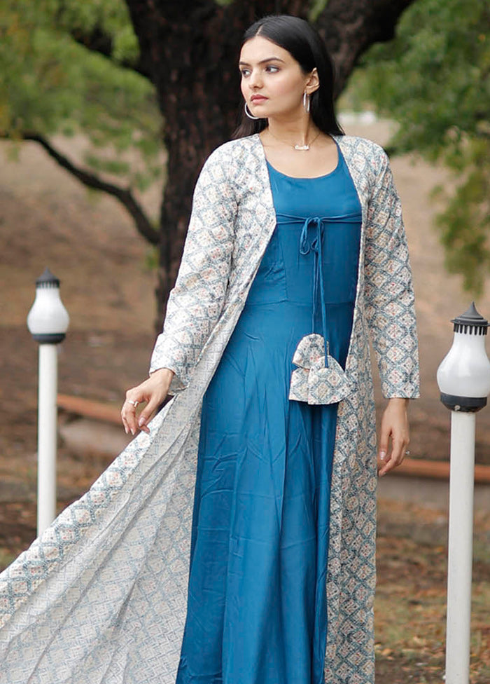 Blue Readymade Rayon Gown With Shrug