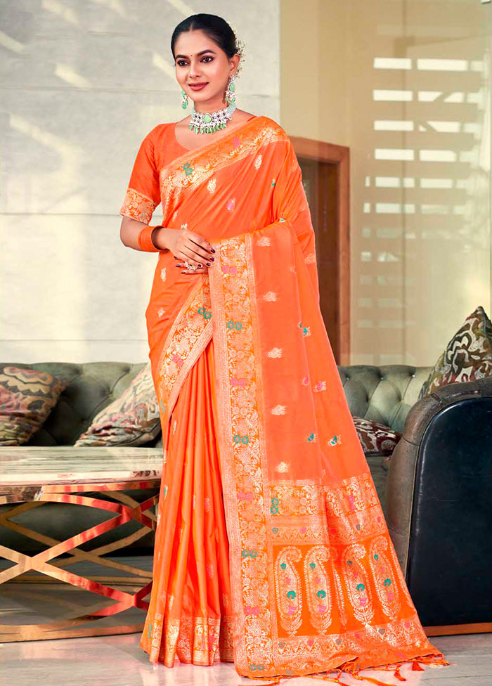 Orange Dupion Silk Saree With Blouse Piece - Indian Silk House Agencies