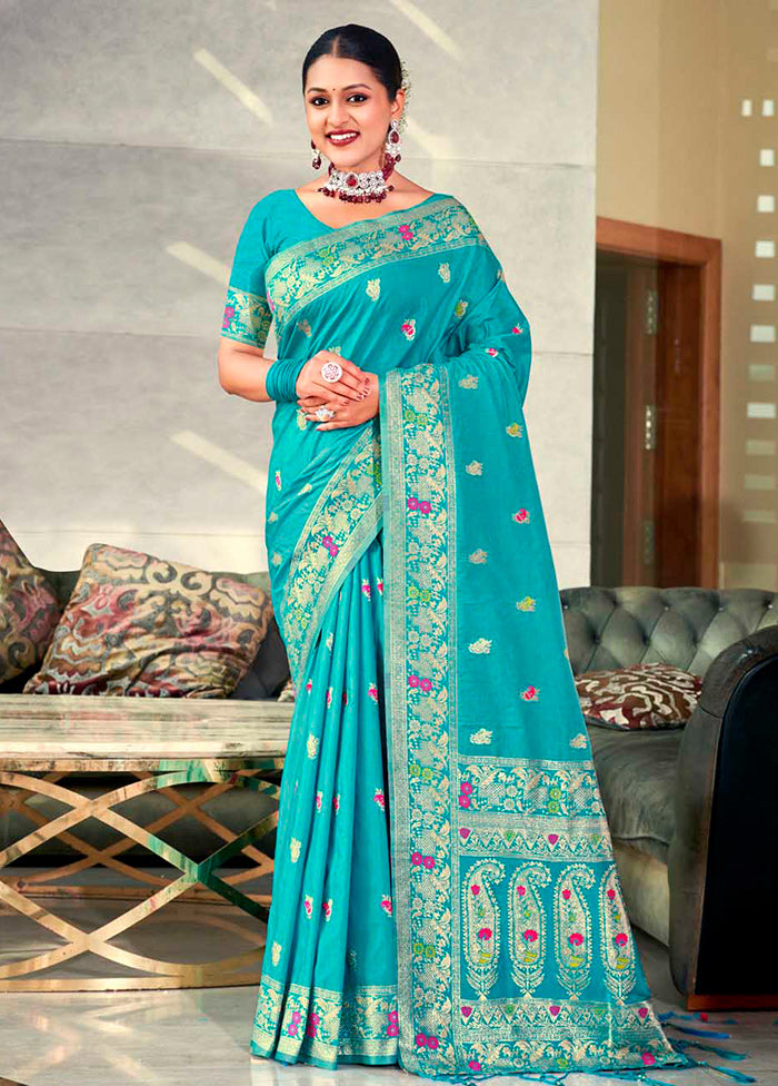 Blue Dupion Silk Saree With Blouse Piece - Indian Silk House Agencies