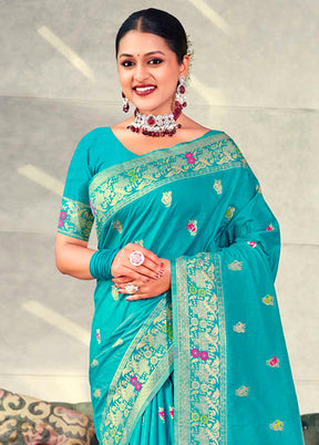 Blue Dupion Silk Saree With Blouse Piece - Indian Silk House Agencies