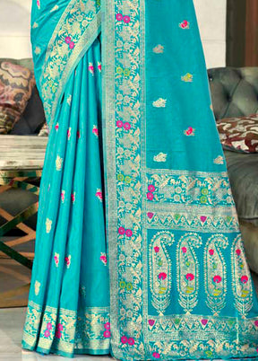 Blue Dupion Silk Saree With Blouse Piece - Indian Silk House Agencies