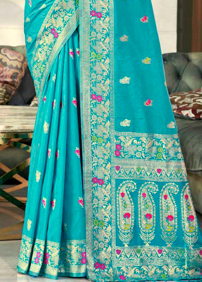 Blue Dupion Silk Saree With Blouse Piece - Indian Silk House Agencies