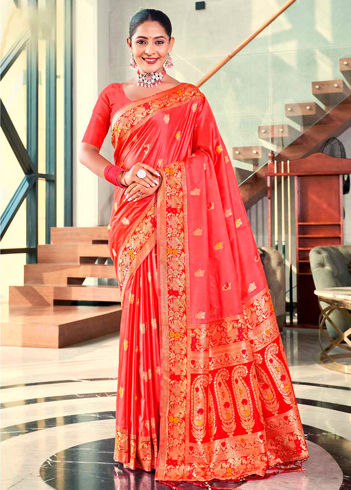 Red Dupion Silk Saree With Blouse Piece - Indian Silk House Agencies