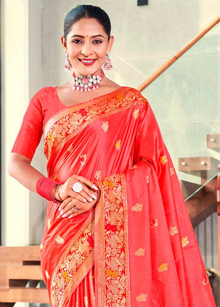 Red Dupion Silk Saree With Blouse Piece - Indian Silk House Agencies