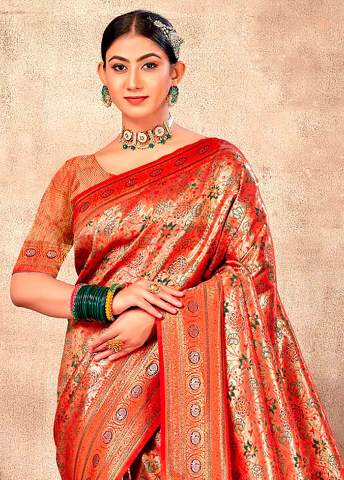 Red Dupion Silk Saree With Blouse Piece - Indian Silk House Agencies