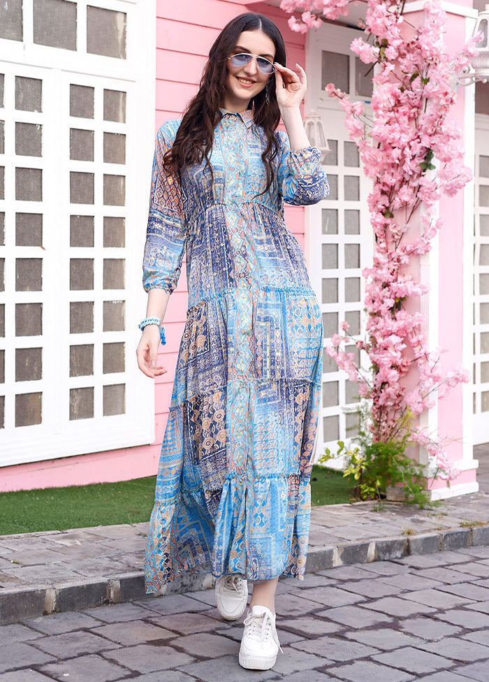 Light Blue Readymade Silk Long Kurti - Indian Silk House Agencies