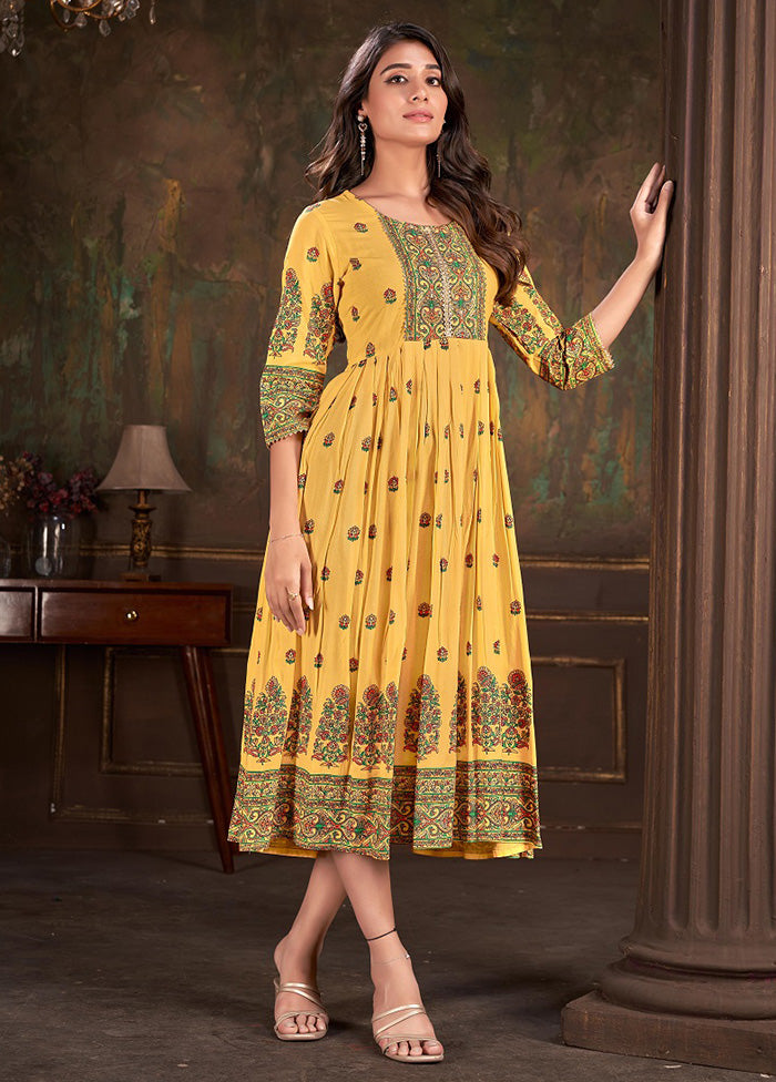 Yellow Readymade Cotton Long Kurti - Indian Silk House Agencies