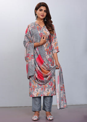 3 Pc Grey Readymade Silk Suit Set - Indian Silk House Agencies