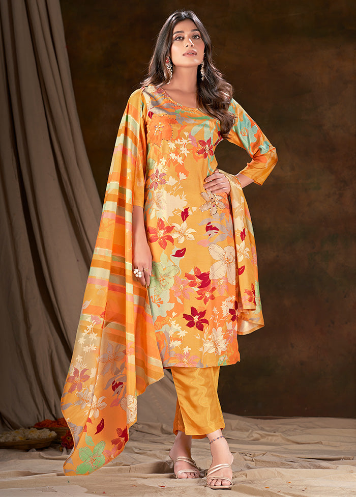 3 Pc Yellow Readymade Silk Suit Set - Indian Silk House Agencies