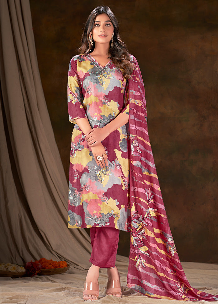 3 Pc Wine Readymade Silk Suit Set - Indian Silk House Agencies