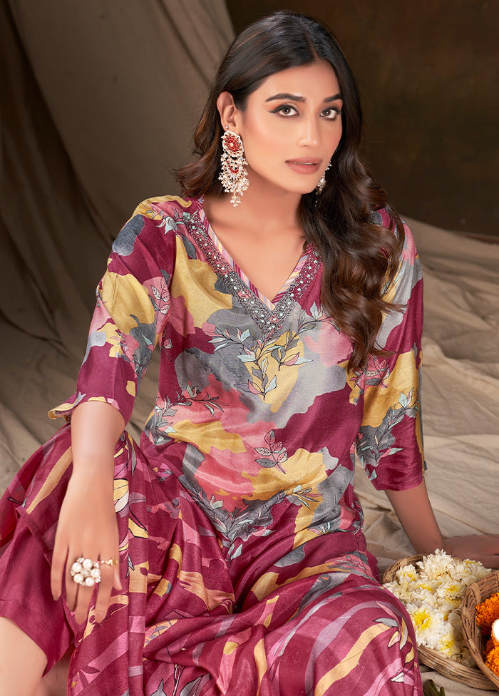 3 Pc Wine Readymade Silk Suit Set - Indian Silk House Agencies