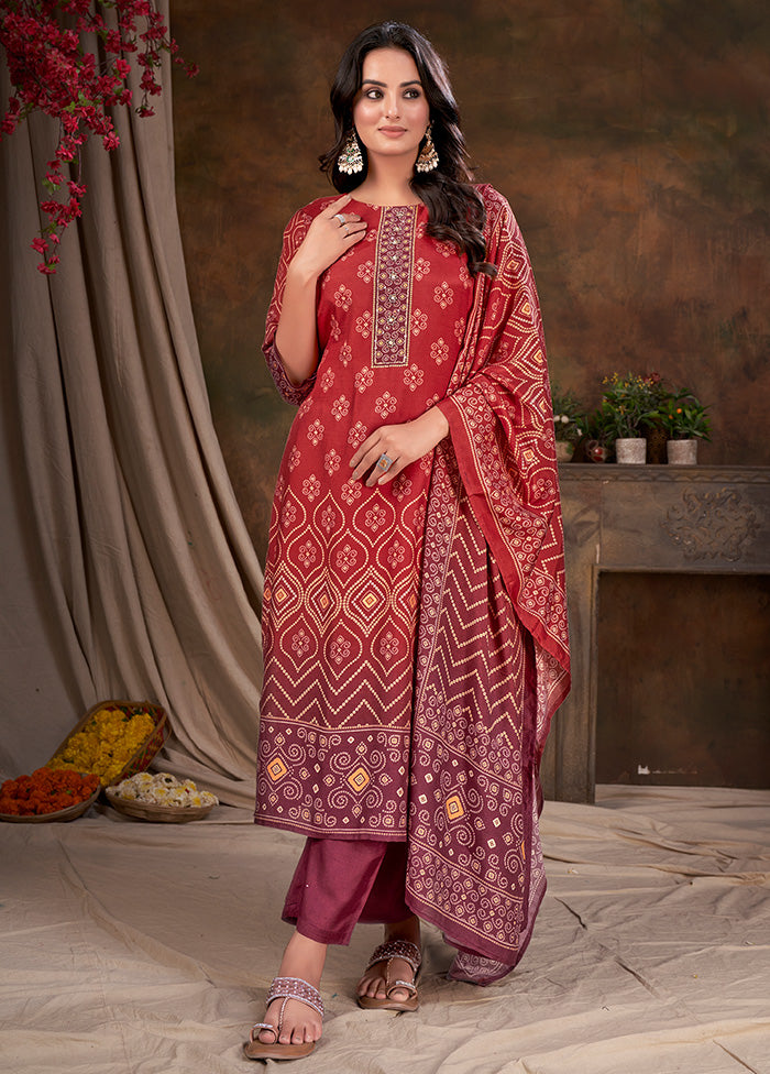 3 Pc Red Readymade Silk Suit Set - Indian Silk House Agencies