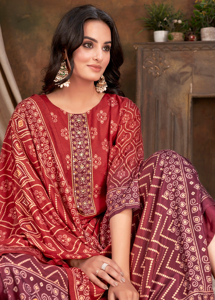 3 Pc Red Readymade Silk Suit Set - Indian Silk House Agencies