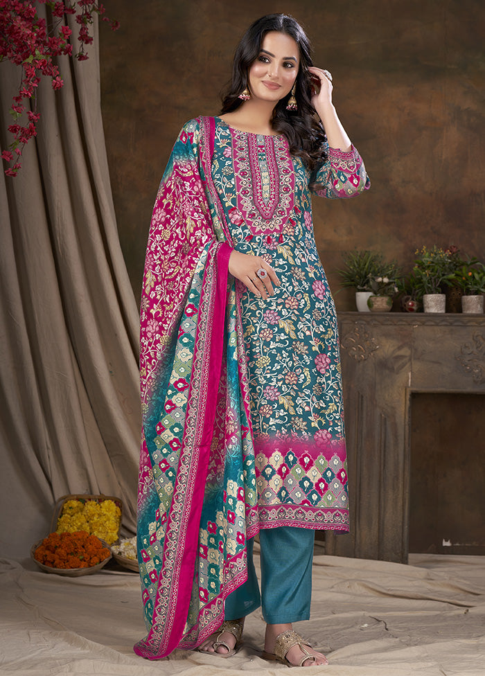 3 Pc Blue Readymade Silk Suit Set - Indian Silk House Agencies