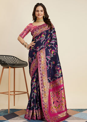 Blue Dupion Silk Saree With Blouse Piece - Indian Silk House Agencies