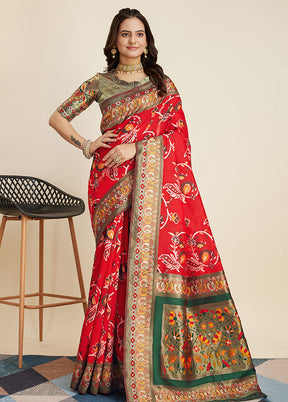 Red Dupion Silk Saree With Blouse Piece - Indian Silk House Agencies