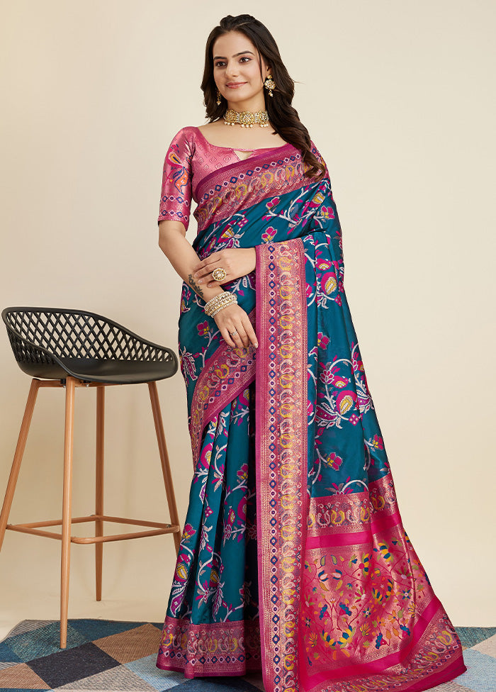 Teal Blue Dupion Silk Saree With Blouse Piece - Indian Silk House Agencies