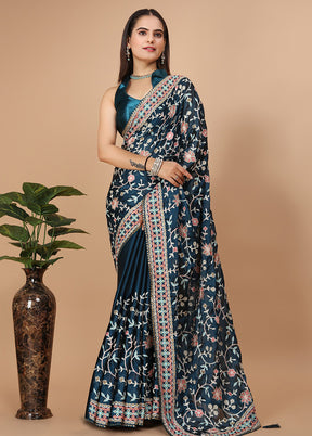 Blue Dupion Silk Saree With Blouse Piece - Indian Silk House Agencies