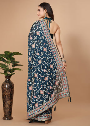 Blue Dupion Silk Saree With Blouse Piece - Indian Silk House Agencies