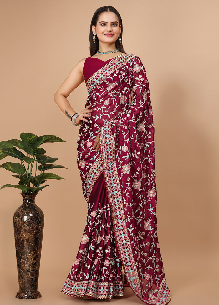 Maroon Dupion Silk Saree With Blouse Piece - Indian Silk House Agencies