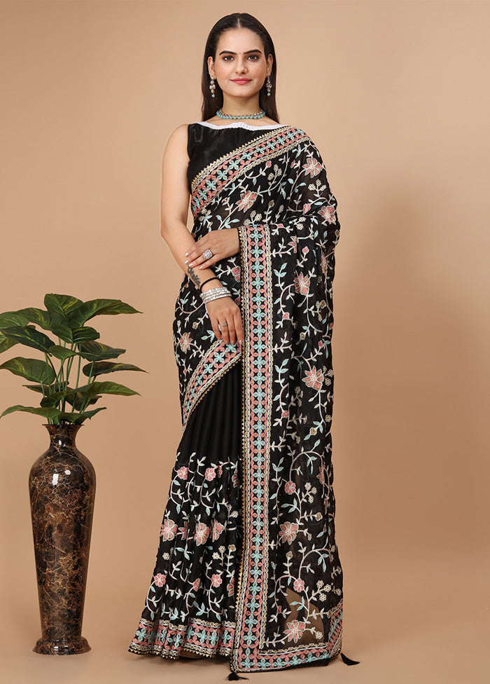 Black Dupion Silk Saree With Blouse Piece - Indian Silk House Agencies