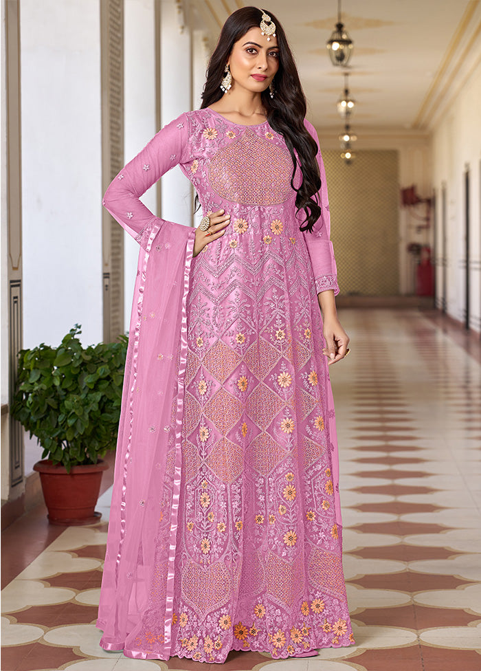 3 Pc Pink Semi Stitched Net Suit Set - Indian Silk House Agencies