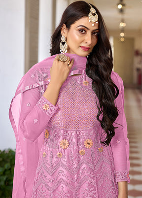 3 Pc Pink Semi Stitched Net Suit Set