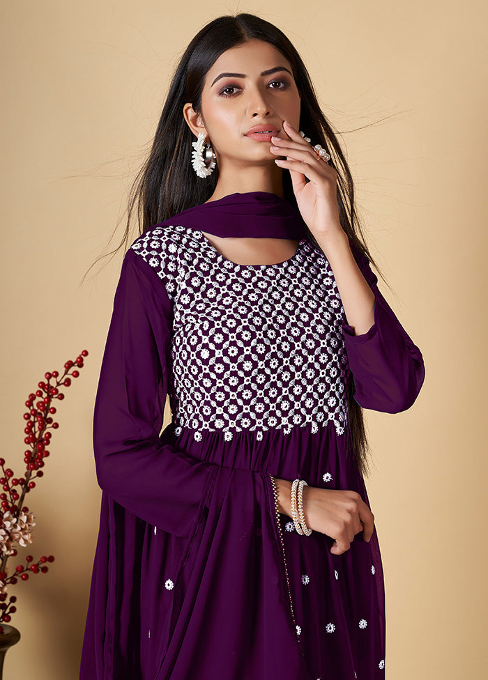3 Pc Purple Readymade Georgette Suit Set - Indian Silk House Agencies