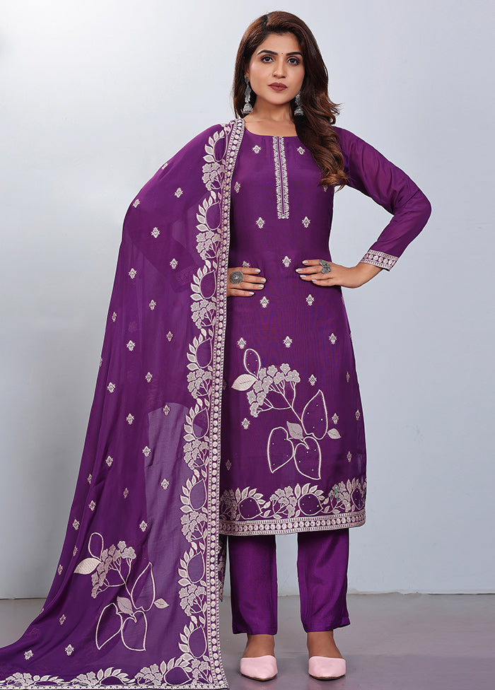 3 Pc Purple Readymade Viscose Suit Set - Indian Silk House Agencies